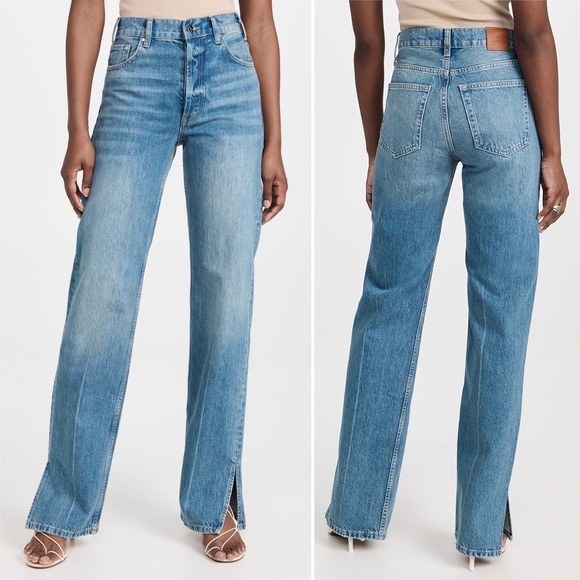 Anine Bing Denim - ANINE BING NWT Roy Mid Rise Relaxed Straight Leg Jeans 31 Nordic Blue split hem